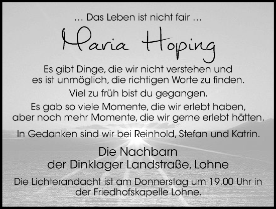 Anzeige von Maria Hoping von OM-Medien