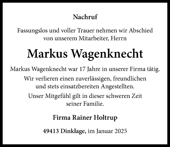 Anzeige von Markus Wagenknecht von OM-Medien