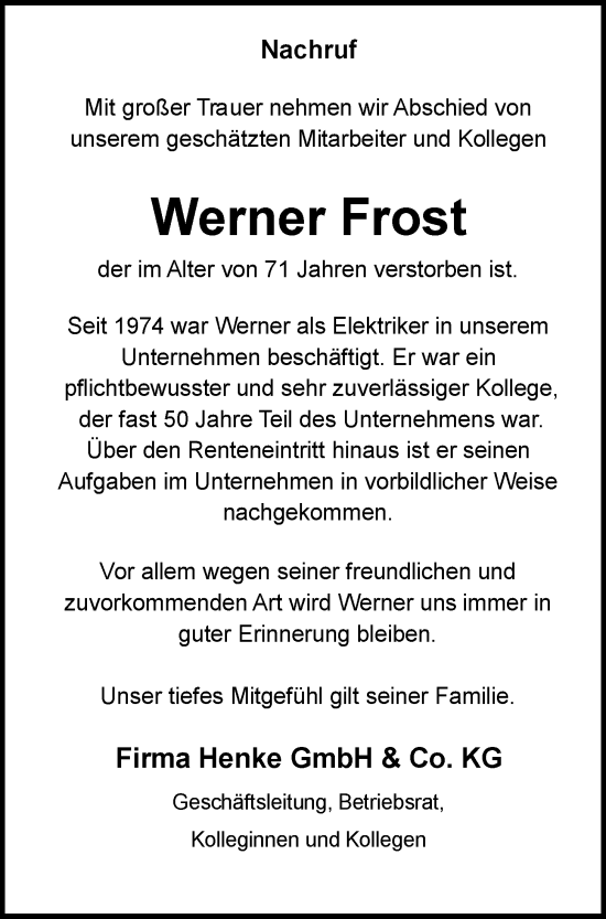 Anzeige von Werner Frost von OM-Medien