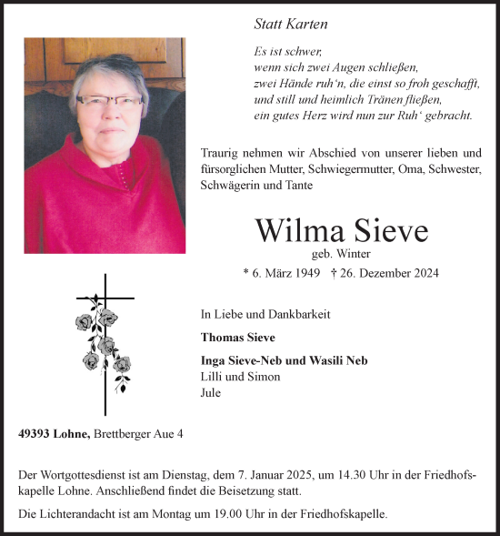 Anzeige von Wilma Sieve von OM-Medien