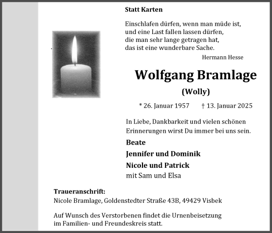 Anzeige von Wolfgang Bramlage von OM-Medien