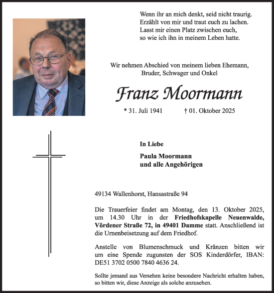 Anzeige von Franz Moormann  von OM Medien