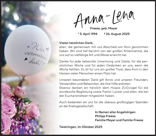 Anzeige von Anna-Lena Freese von OM-Medien