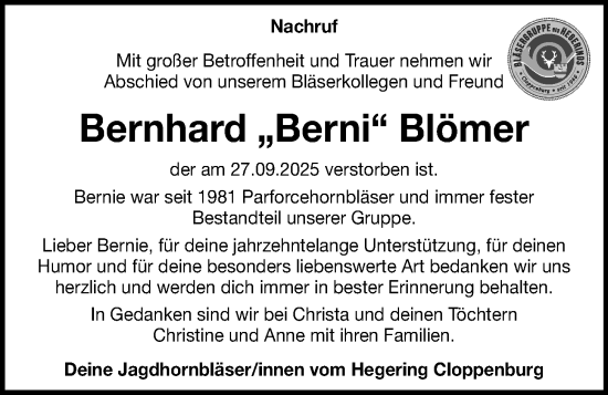 Anzeige von Bernhard Blömer von OM-Medien