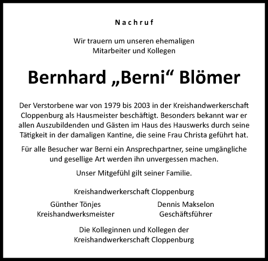 Anzeige von Bernhard Blömer von OM-Medien