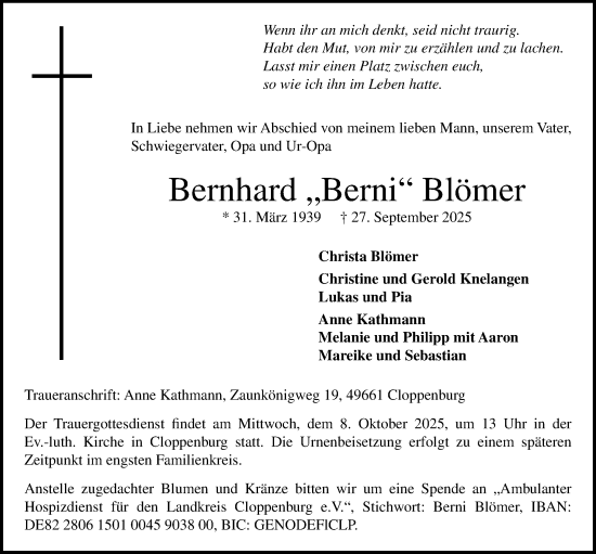 Anzeige von Bernhard Blömer von OM-Medien