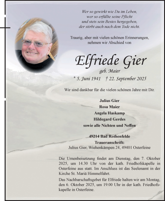 Anzeige von Elfriede Gier von OM-Medien