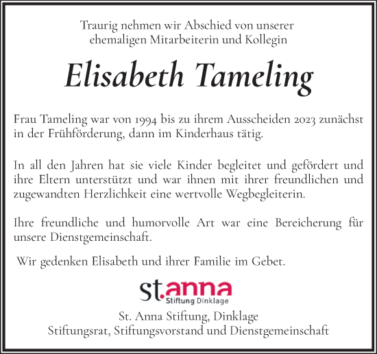 Anzeige von Elisabeth Tameling von OM-Medien