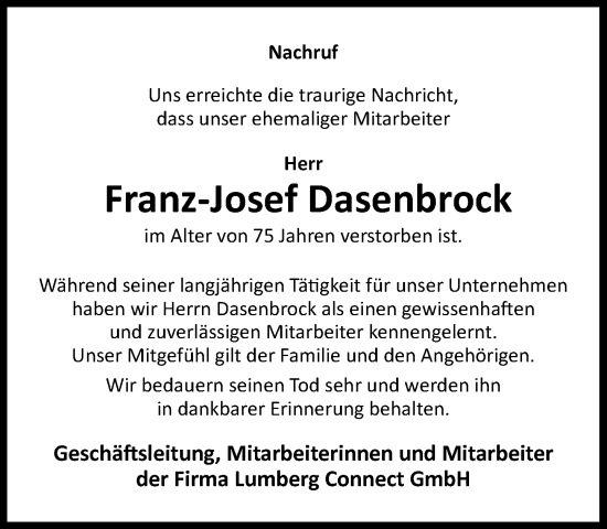 Anzeige von Franz-Josef Dasenbrock von OM-Medien