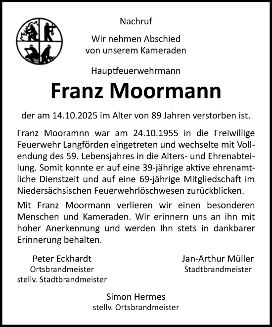Anzeige von Franz Moormann von OM-Medien