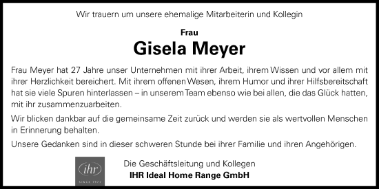 Anzeige von Gisela Meyer von OM-Medien