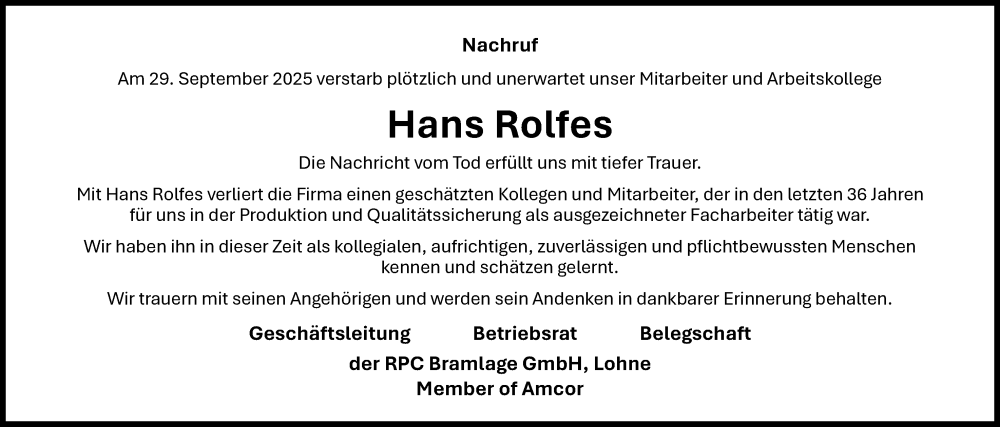  Traueranzeige für Hans Rolfes vom 07.10.2025 aus OM-Medien
