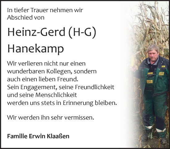 Anzeige von Heinz-Gerd Hanekamp von OM-Medien