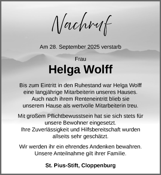 Anzeige von Helga Wolff von OM-Medien