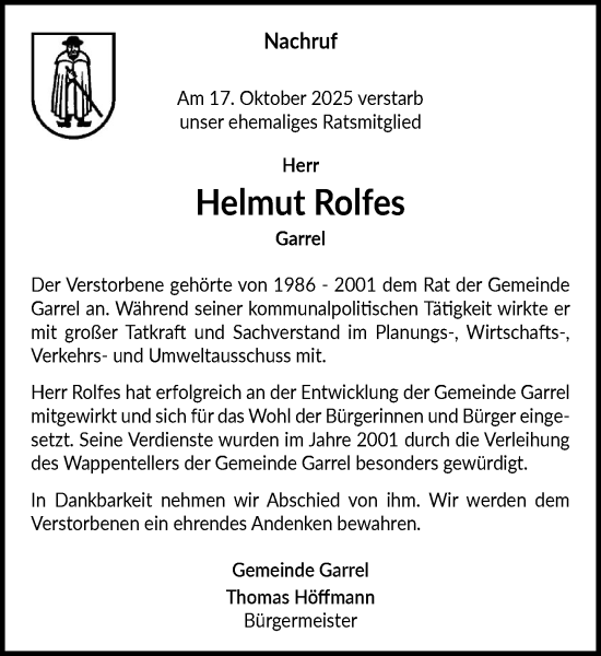 Anzeige von Helmut Rolfes von OM-Medien