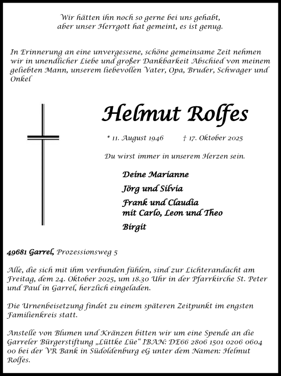 Anzeige von Helmut Rolfes von OM-Medien