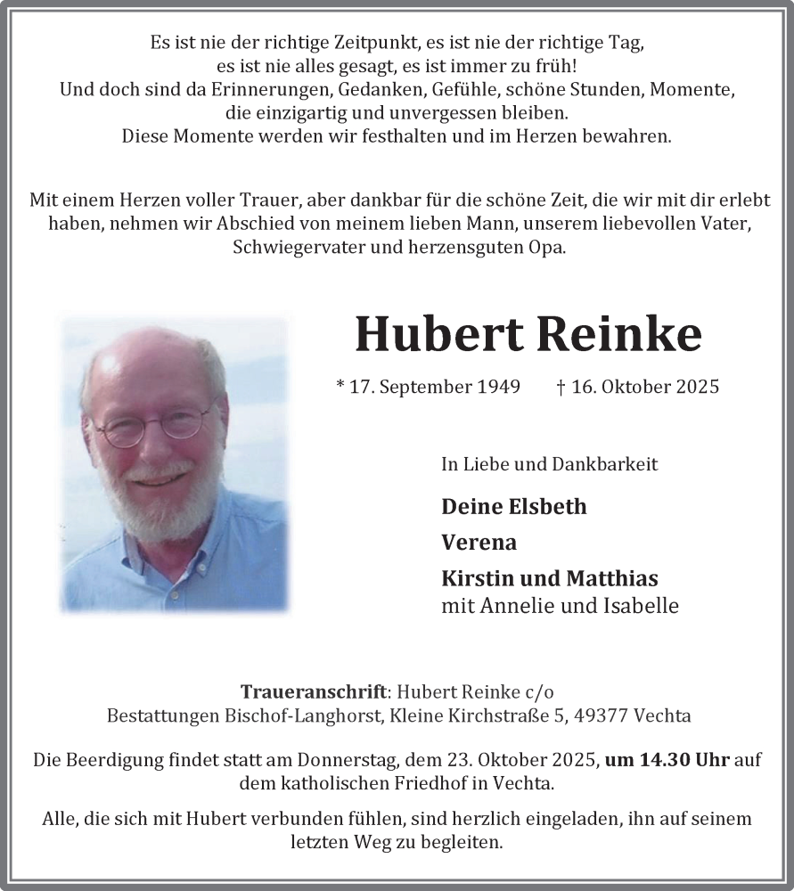  Traueranzeige für Hubert Reinke vom 20.10.2025 aus OM-Medien