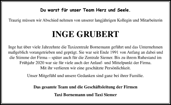 Anzeige von Inge Grubert von OM-Medien