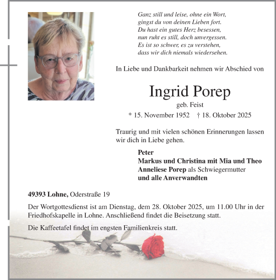 Anzeige von Ingrid Porep von OM-Medien