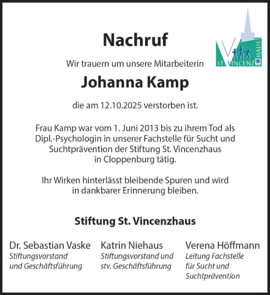 Anzeige von Johanna Kamp von OM-Medien