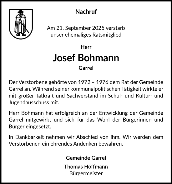 Anzeige von Josef Bohmann von OM-Medien