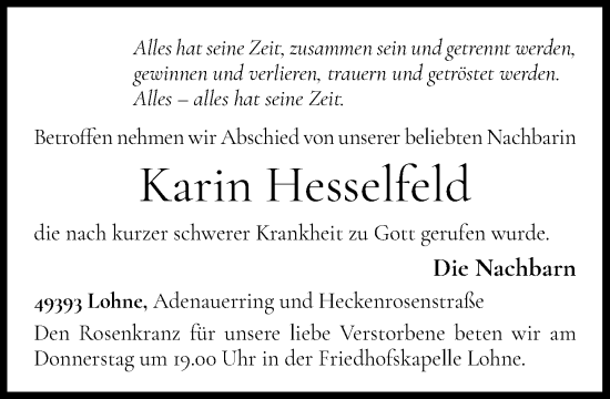 Anzeige von Karin Hesselfeld von OM-Medien