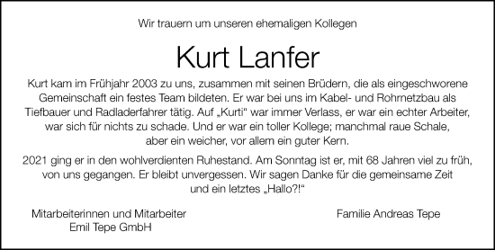 Anzeige von Kurt Lanfer von OM-Medien