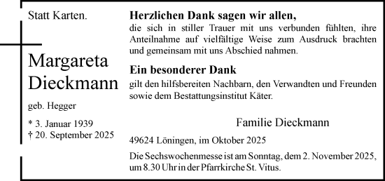 Anzeige von Margareta Dieckmann von OM-Medien