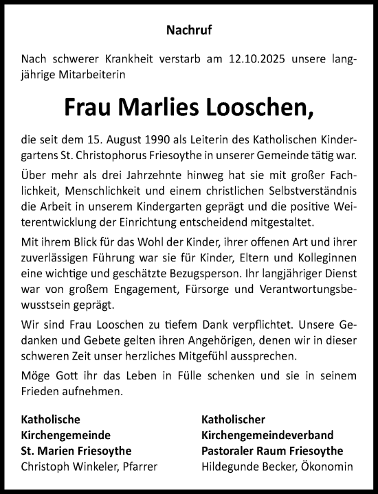 Anzeige von Marlies Looschen von OM-Medien