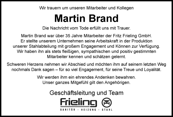 Anzeige von Martin Brand von OM-Medien
