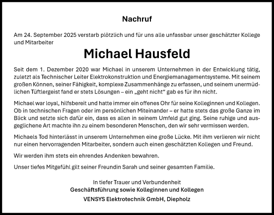 Anzeige von Michael Hausfeld von OM-Medien