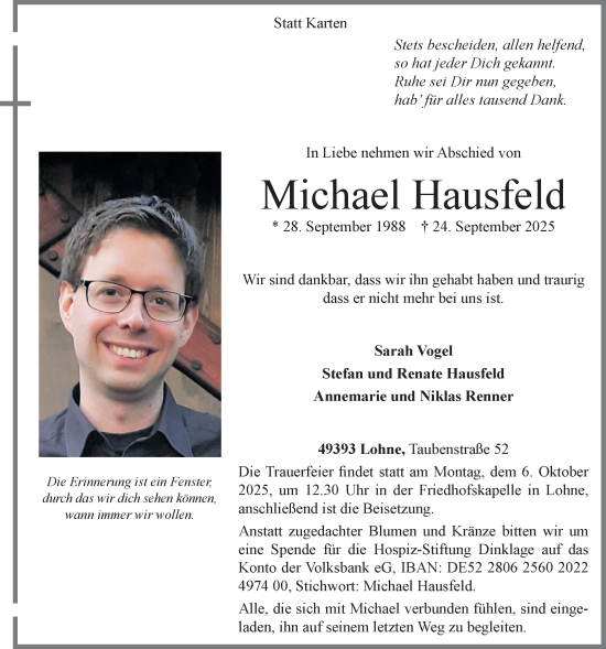 Anzeige von Michael Hausfeld von OM-Medien
