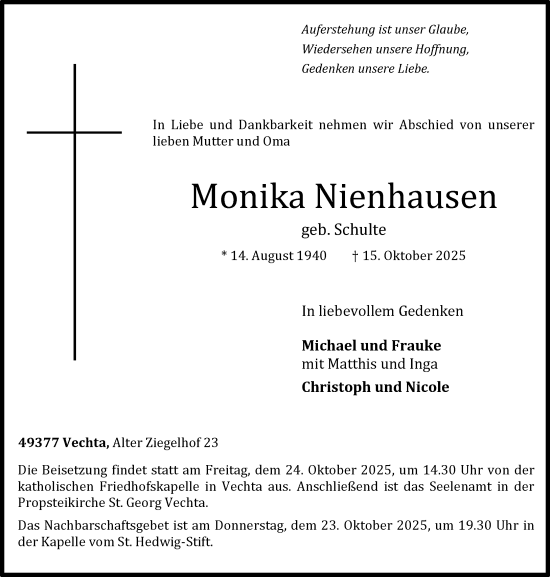 Anzeige von Monika Nienhausen von OM-Medien