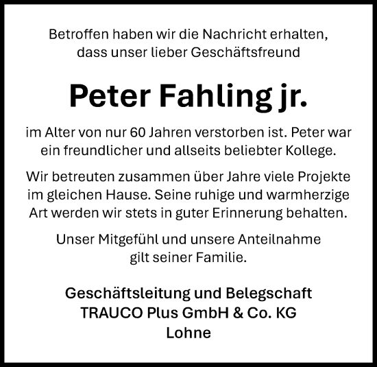Anzeige von Peter Fahling von OM-Medien