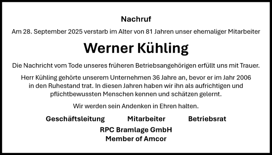 Anzeige von Werner Kühling von OM-Medien