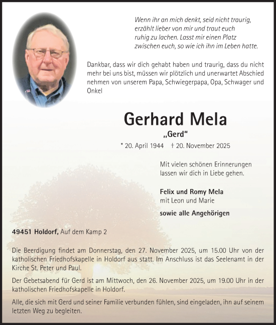 Anzeige von Gerhard Mela von OM Medien