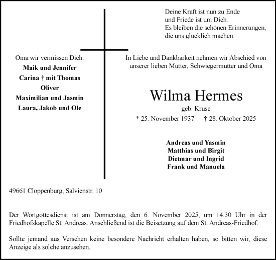 Anzeige von Wilma Hermes von OM-Medien