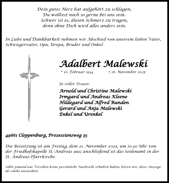 Anzeige von Adalbert Malewski von OM-Medien