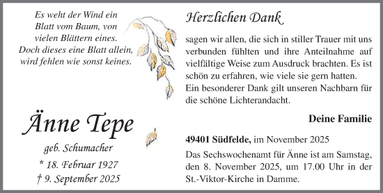 Anzeige von Änne Tepe von OM-Medien