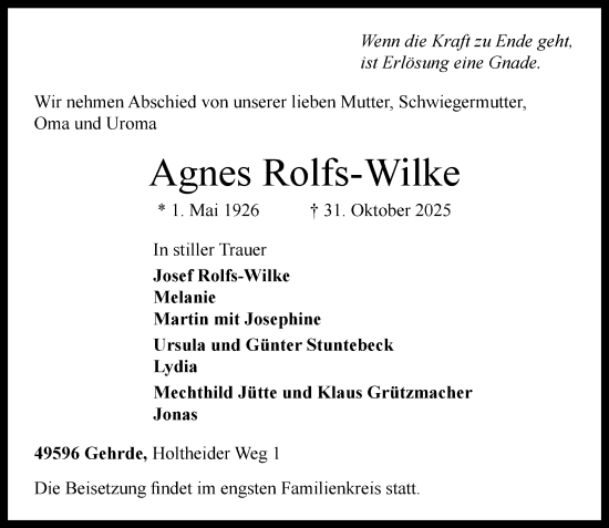 Anzeige von Agnes Rolfs-Wilke von OM-Medien