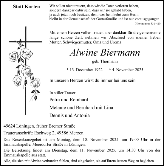 Anzeige von Alwine Biermann von OM-Medien