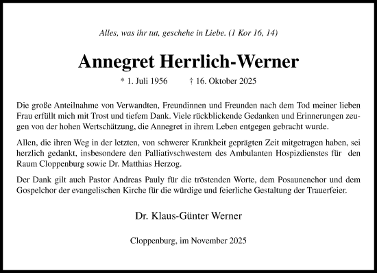 Anzeige von Annegret Herrlich-Werner von OM-Medien