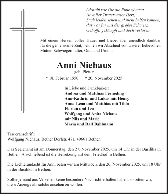 Anzeige von Anni Niehaus von OM-Medien