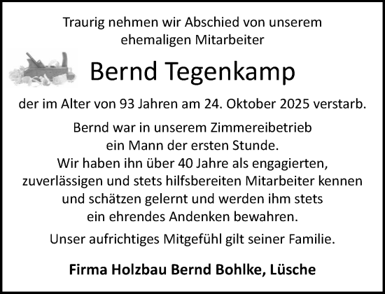 Anzeige von Bernd Tegenkamp von OM-Medien