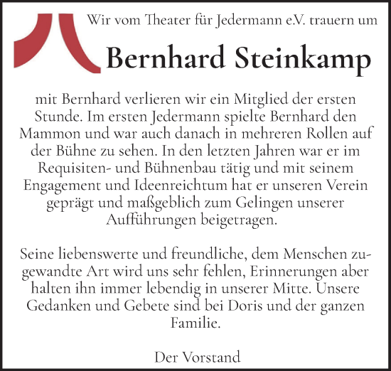 Anzeige von Bernhard Steinkamp von OM-Medien