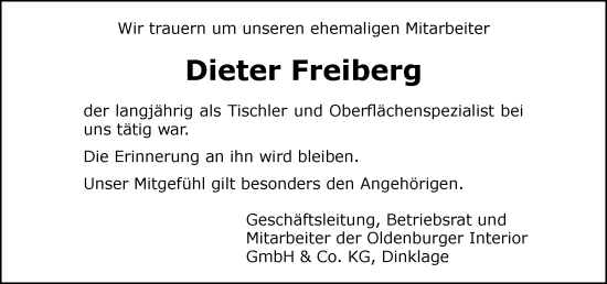 Anzeige von Dieter Freiberg von OM-Medien