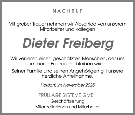 Anzeige von Dieter Freiberg von OM-Medien