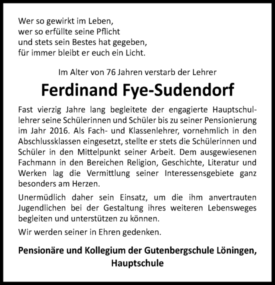 Anzeige von Ferdinand Fye-Sudendorf von OM-Medien