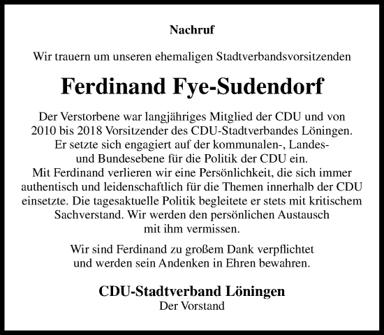 Anzeige von Ferdinand Fye-Sudendorf von OM-Medien