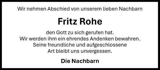 Anzeige von Fritz Rohe von OM-Medien
